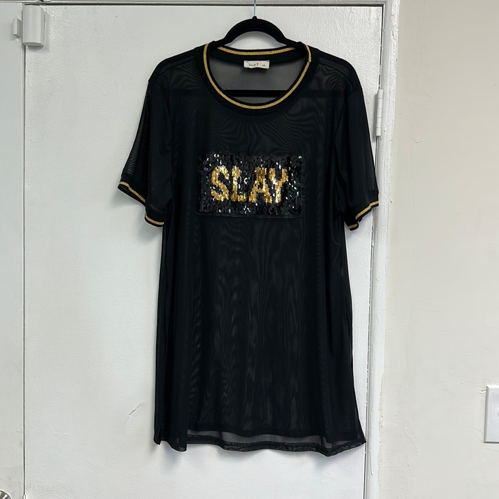 Love J sheer black and gold plus size sheer shirt sequin size 3x excellent